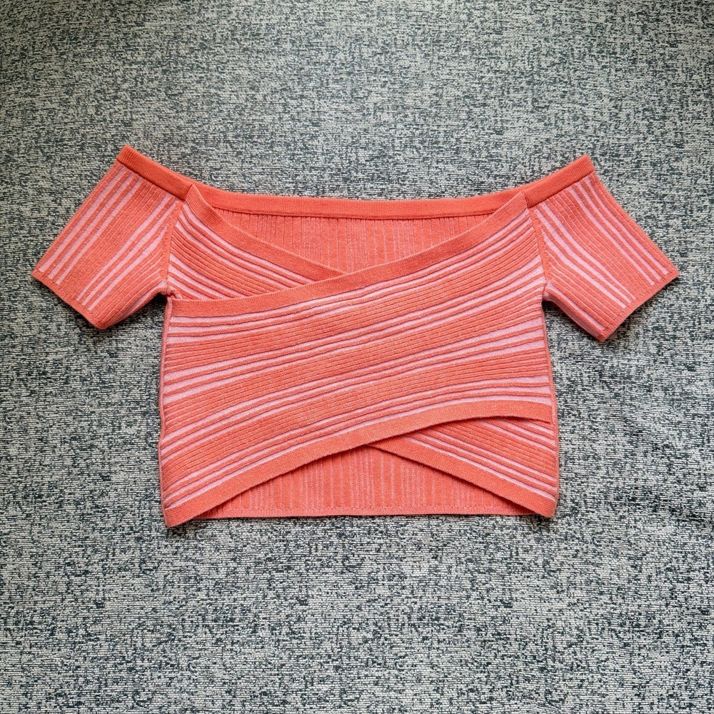 Aerie Knit Crop‎ Top Reversible Criss Cross Coral Stripe Ribbed Sweater M/L